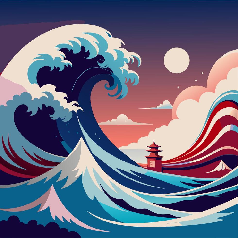 Dynamic Ocean Waves Churning Beneath the Bright Full Moon vector