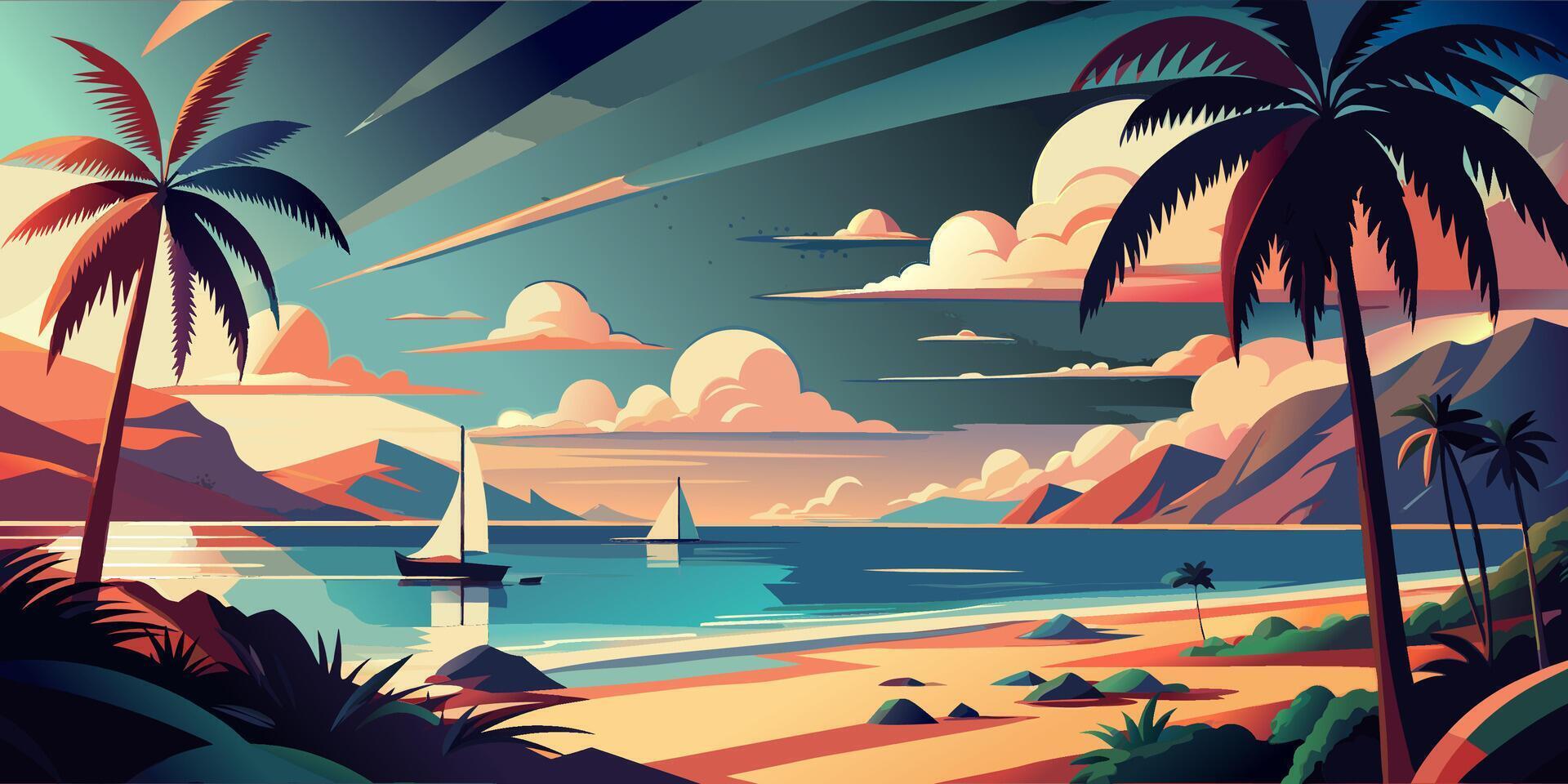 Tropical Beach Scene with Palm Trees and Sailing Boats vector
