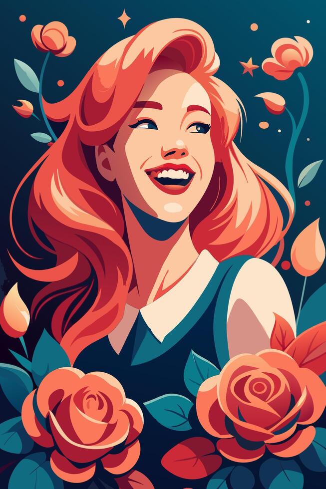 Beautiful red-haired woman with a radiant smile surrounded by vibrant roses and leaves vector