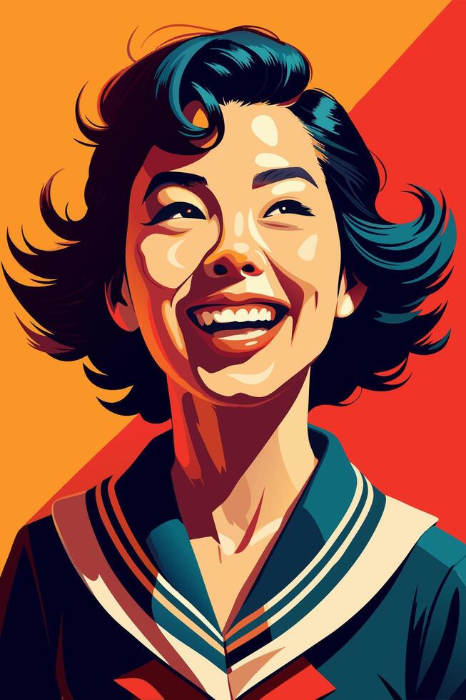 Retro-styled illustration of a cheerful woman with curly hair and a bright smile vector