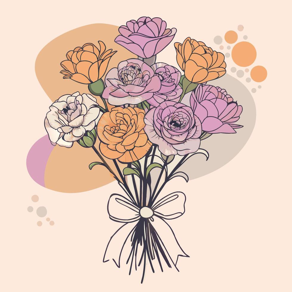 Lovely hand-drawn bouquet of flowers with a ribbon tied around the stems vector