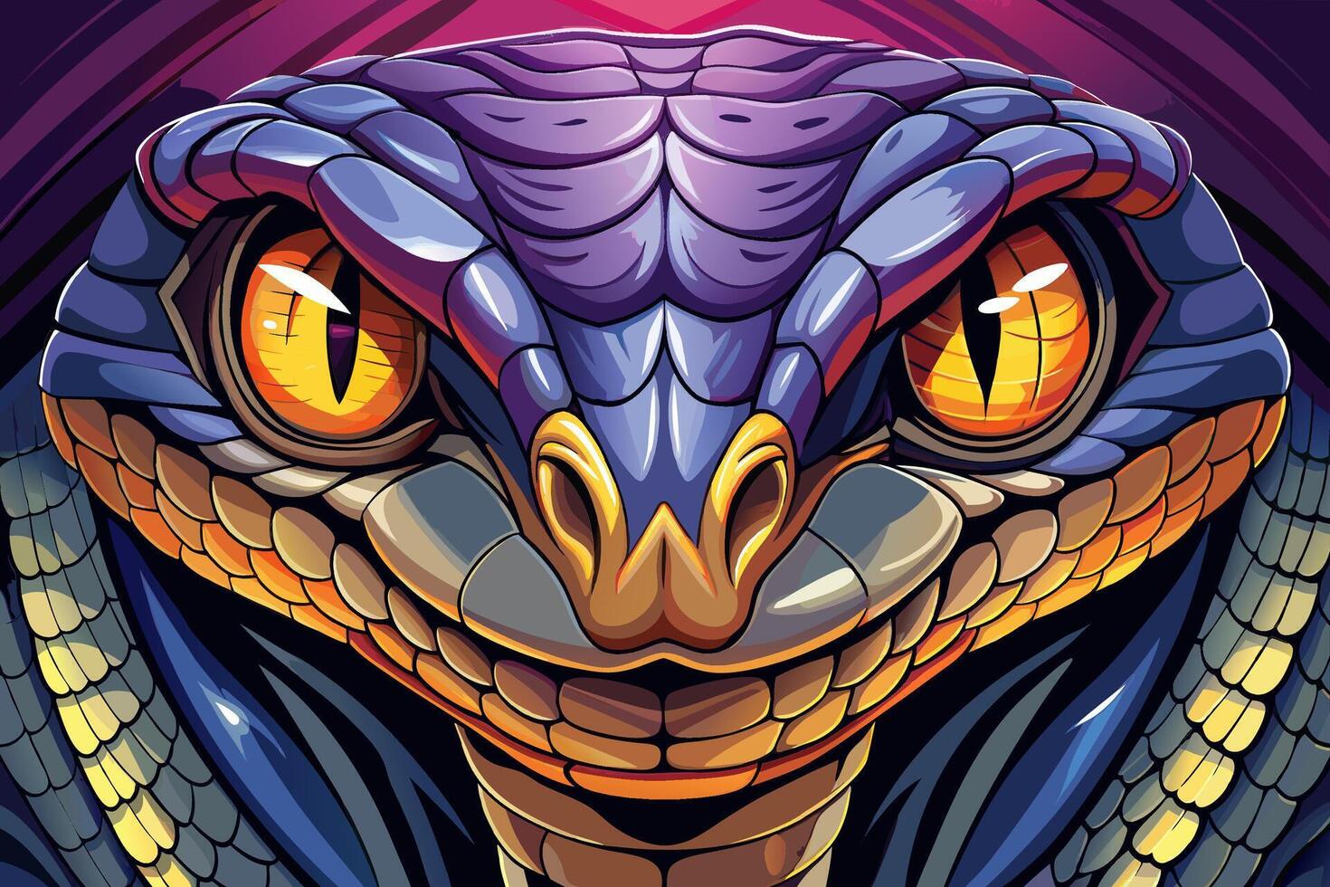 Detailed illustration of a fierce snake with glowing eyes and blue scales in a fiery setting vector