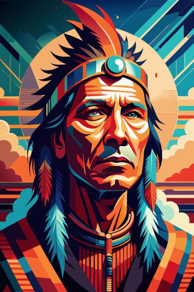 Proud Native American with Elaborate Headdress and Face Paint vector