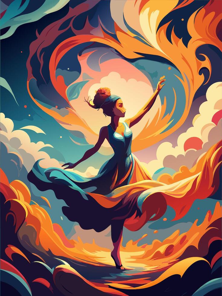 Mystical Dancer in a Whirlwind of Fire and Mountains vector