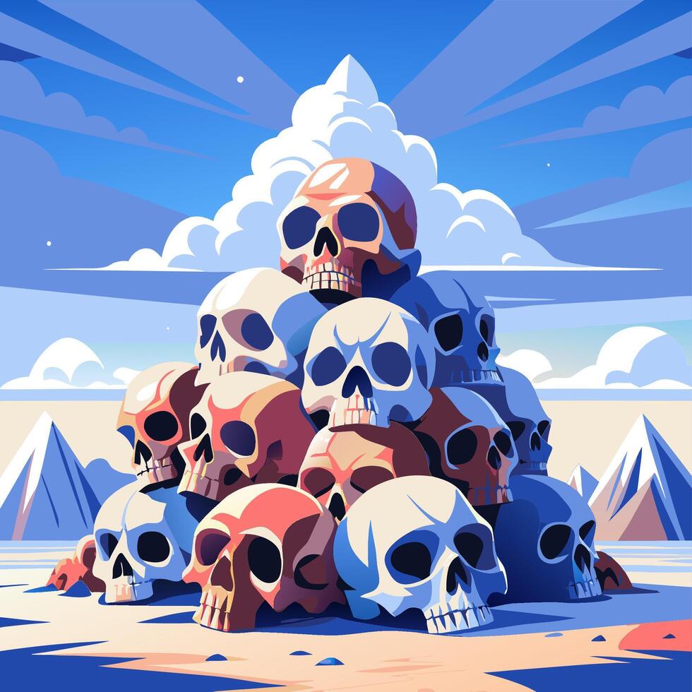 Pile of Colorful Skulls in a Desert Landscape with Blue Sky vector