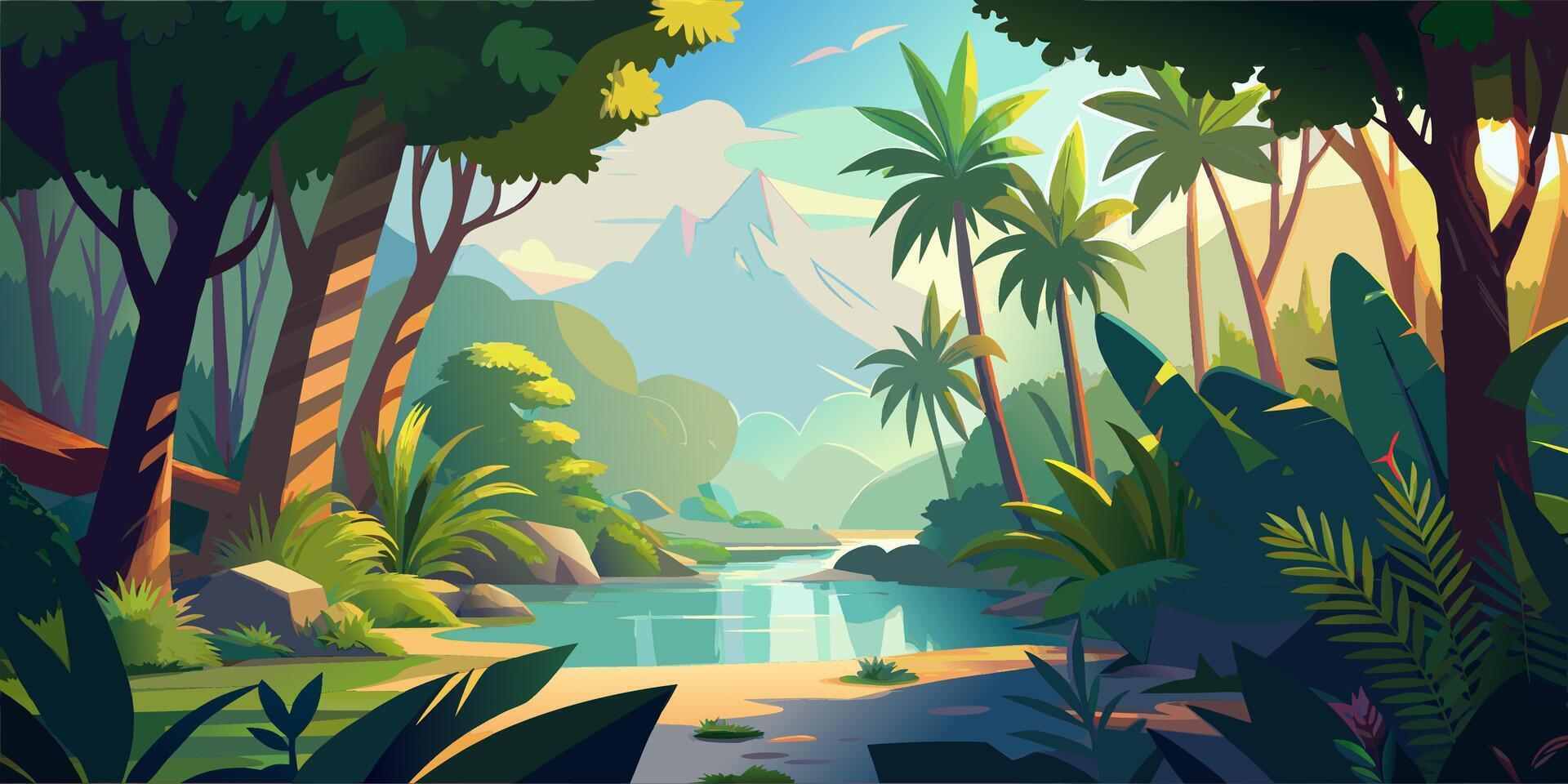 Tropical Paradise with Lush Greenery and Serene River vector