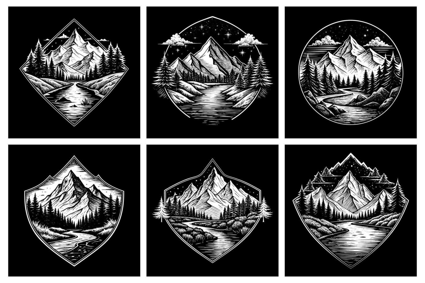 Modern Badge Templates with Majestic Mountains and Flowing River Design vector