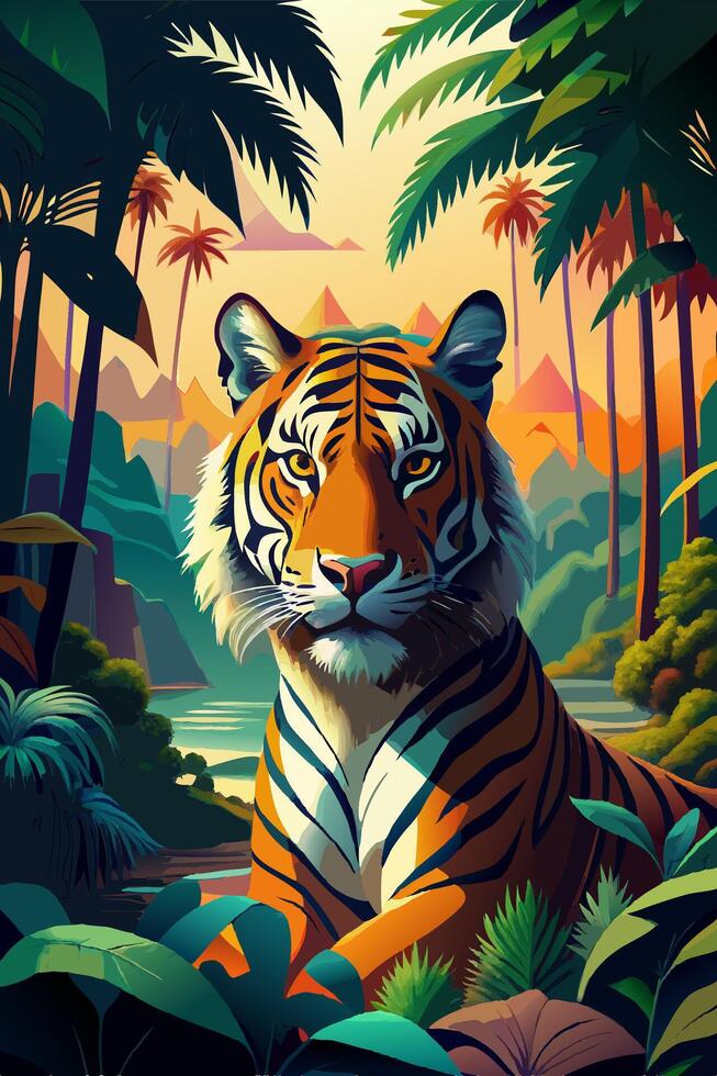 Striking Tiger in a Tropical Jungle with Rich Vegetation and Majestic Mountain View vector
