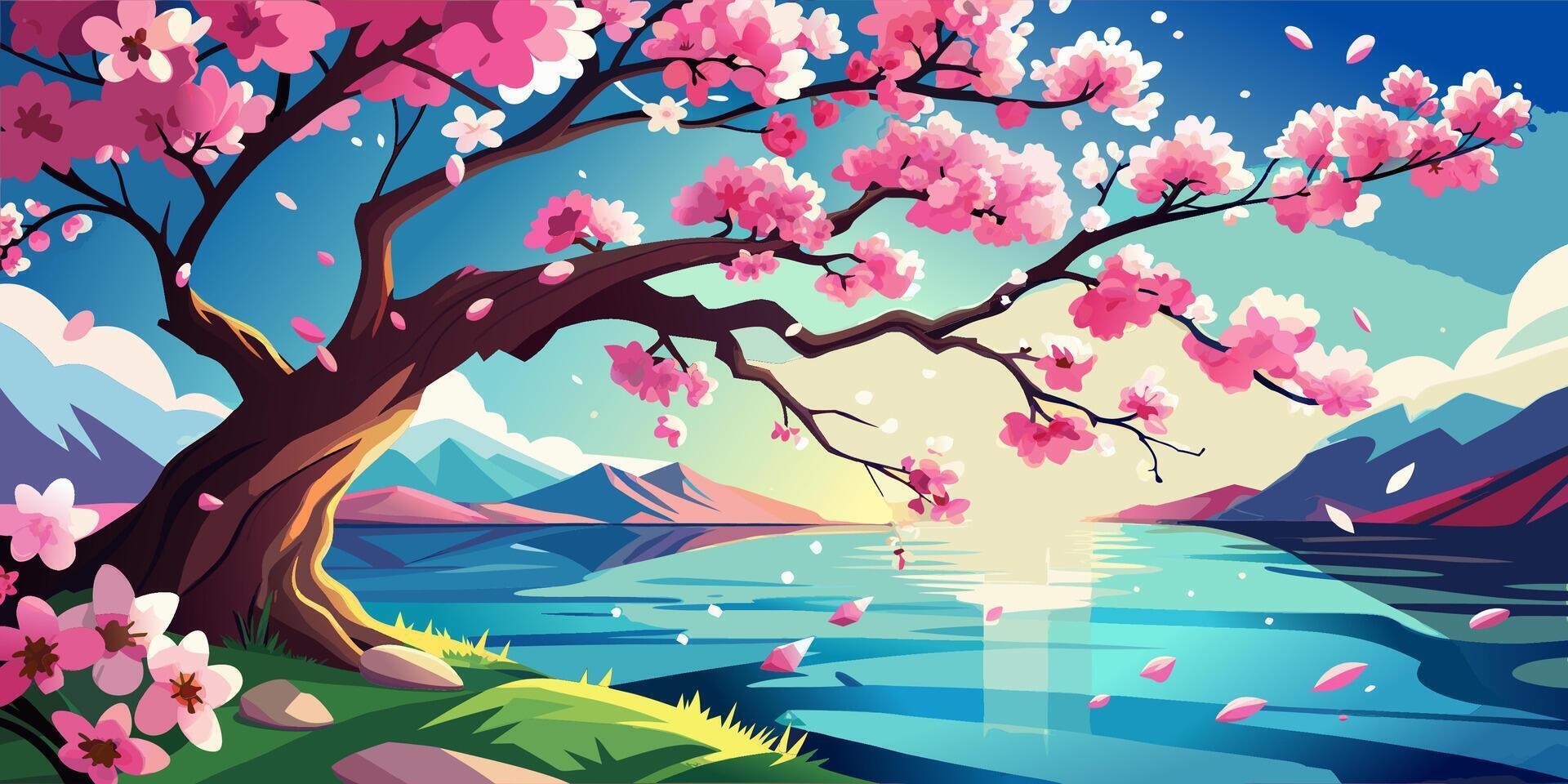 Beautiful cherry blossom tree by the serene lake with mountains in the background vector