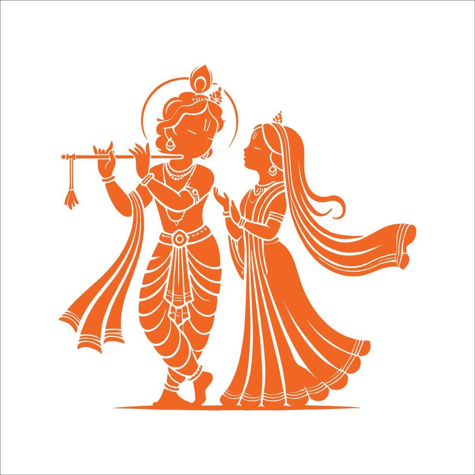 God Krishna and his beloved Radha stand gently embracing, with a flute in their hands vector