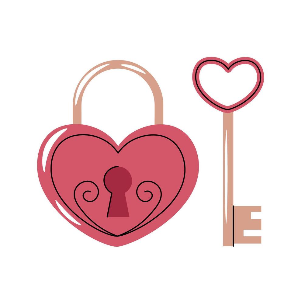 Key with heart-shaped lock in flat cartoon style. Closed heart on white background. illustration for Valentine's day cards, stickers, banners, etc. vector