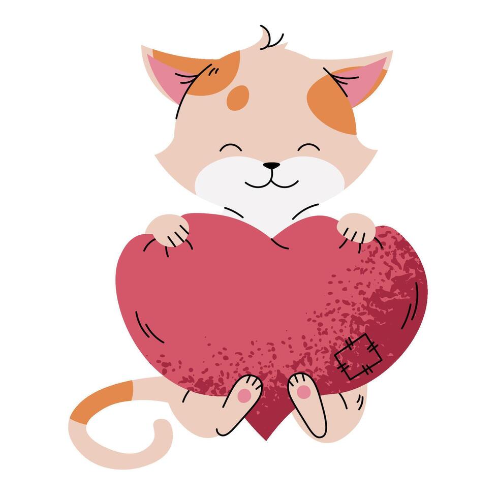 Cute ginger spotted cat with soft heart in flat cartoon style. Favorite pet on white background. Valentine's day illustration for cards, stickers, banners, etc. vector