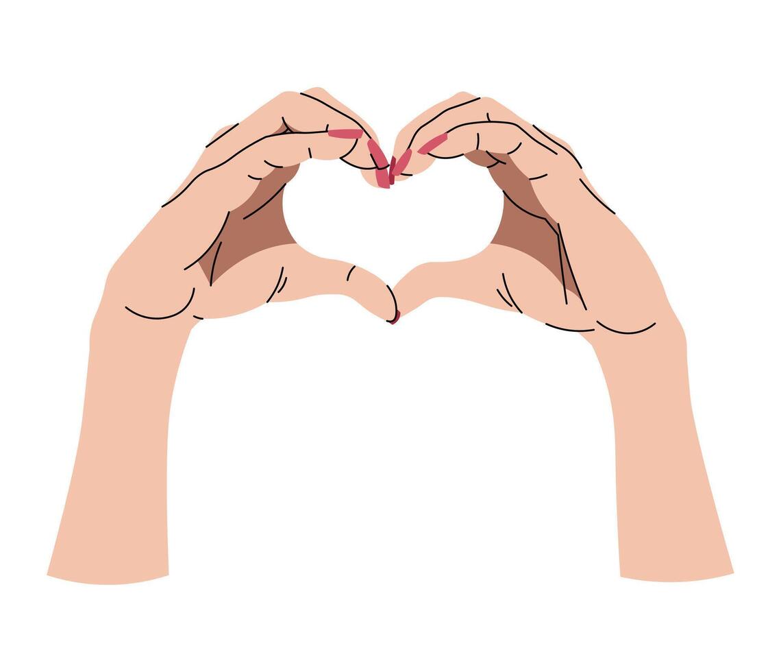 Hands showing heart in flat cartoon style. Symbol of love. illustration for Valentine's day for cards, stickers, banners, etc. vector
