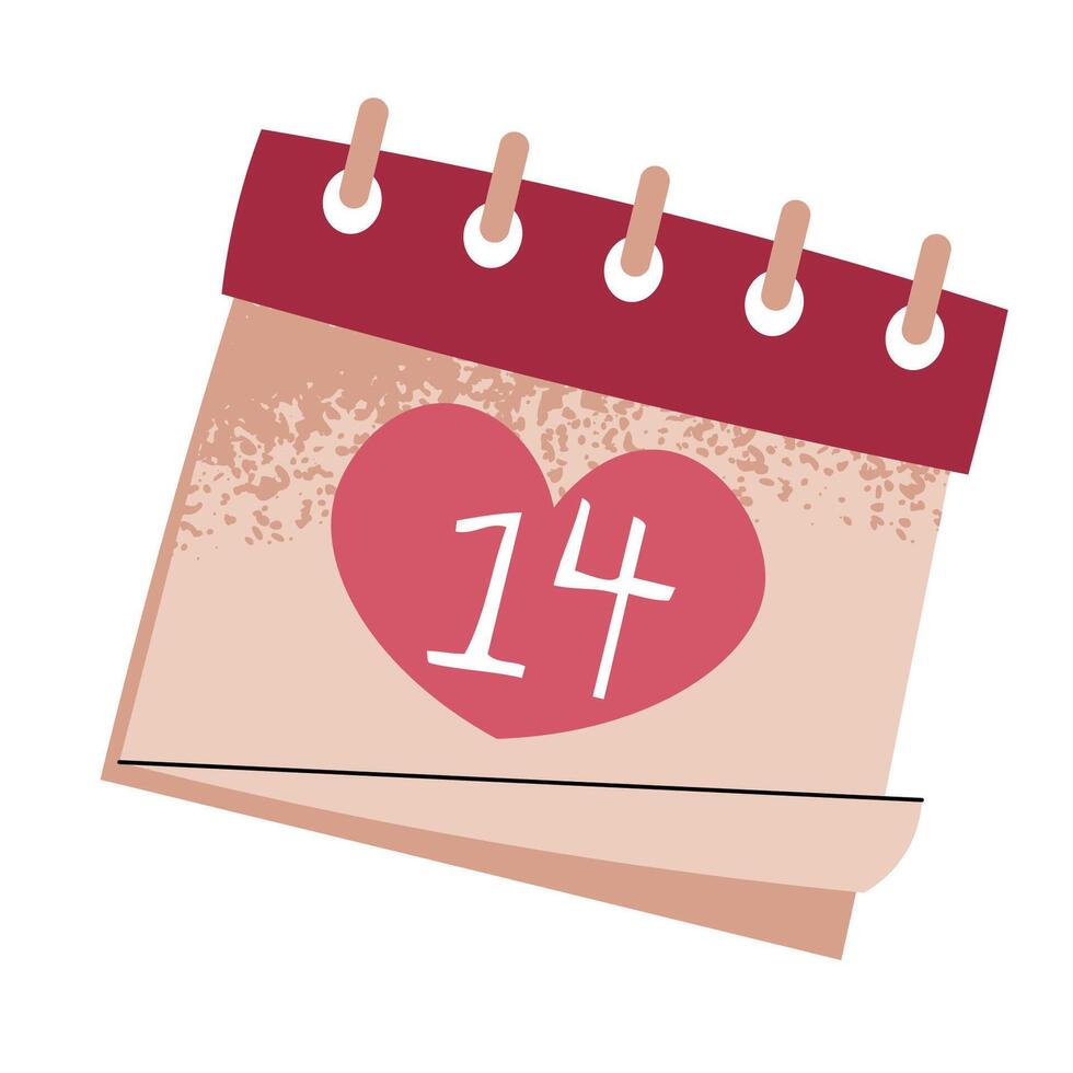 Paper calendar with February 14 in flat cartoon style. Notepad with heart on white background. illustration for Valentine's day for cards, stickers, banners, etc. vector