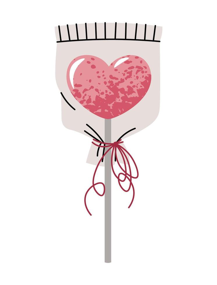Lollipop heart in transparent packaging. Candy on white background. illustration for Valentine's day in flat cartoon style. vector