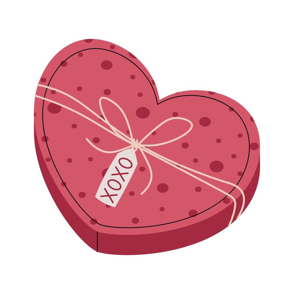 Heart shaped gift box in flat cartoon style. Heart tied with a rope on a white background. illustration for Valentine's day cards, stickers, banners, etc. vector