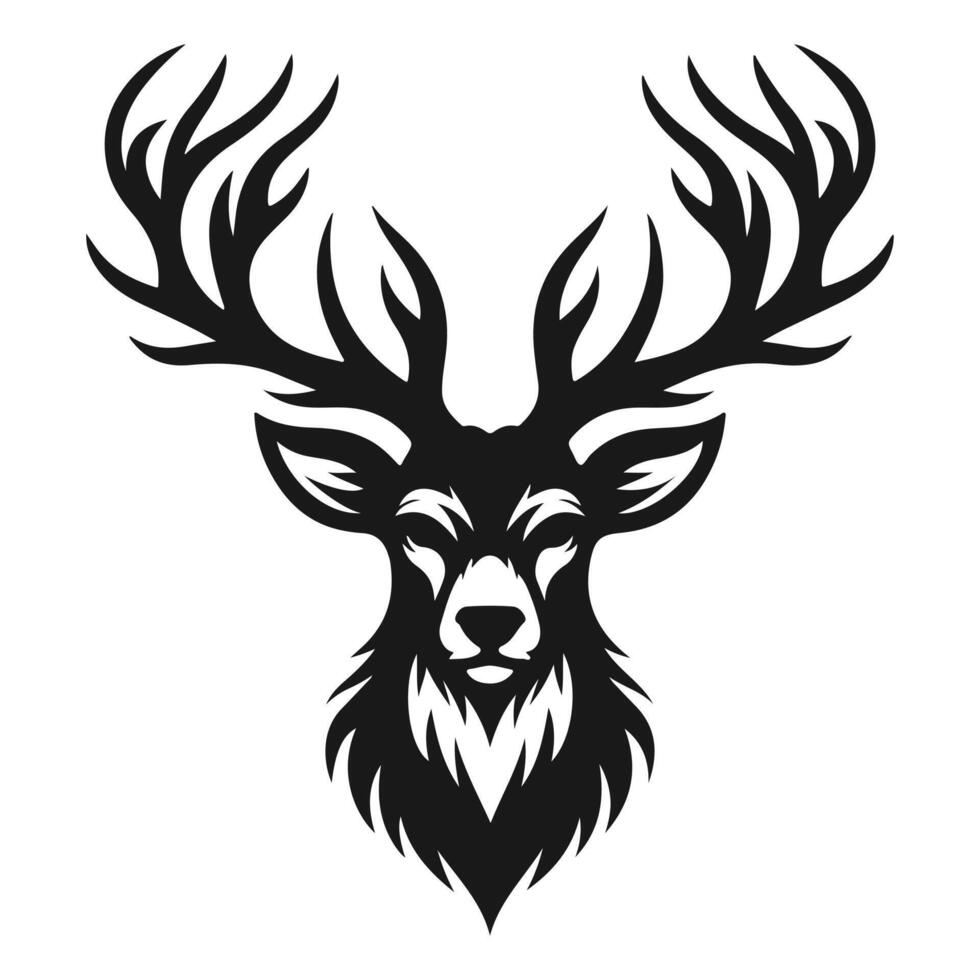A majestic deer head silhouette, showcasing intricate antlers and sharp features, symbolizing grace, strength, and the beauty of the wild.with a white backraund vector