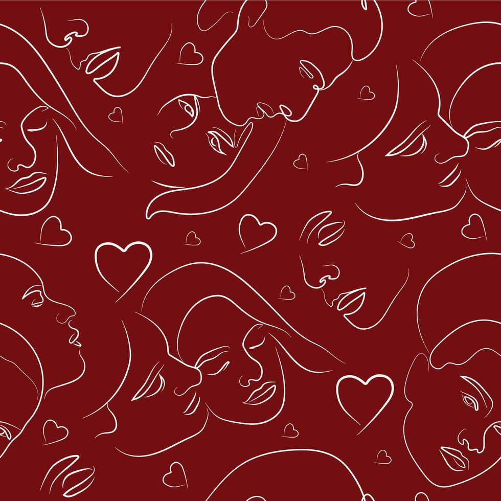 line art seamless pattern of various people in love in different poses and shapes drawn with several lines on a red background, for various logos or designs vector