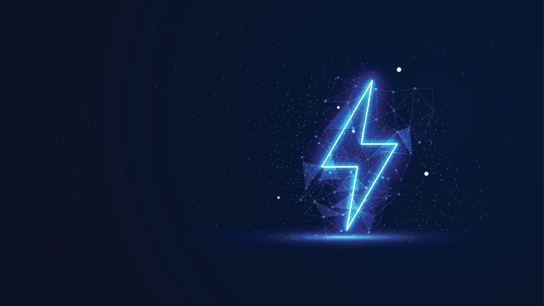 Futuristic glowing thunder with plexus lines and glitter particles. The lightning bolt in the neon light style. Digital technology background vector