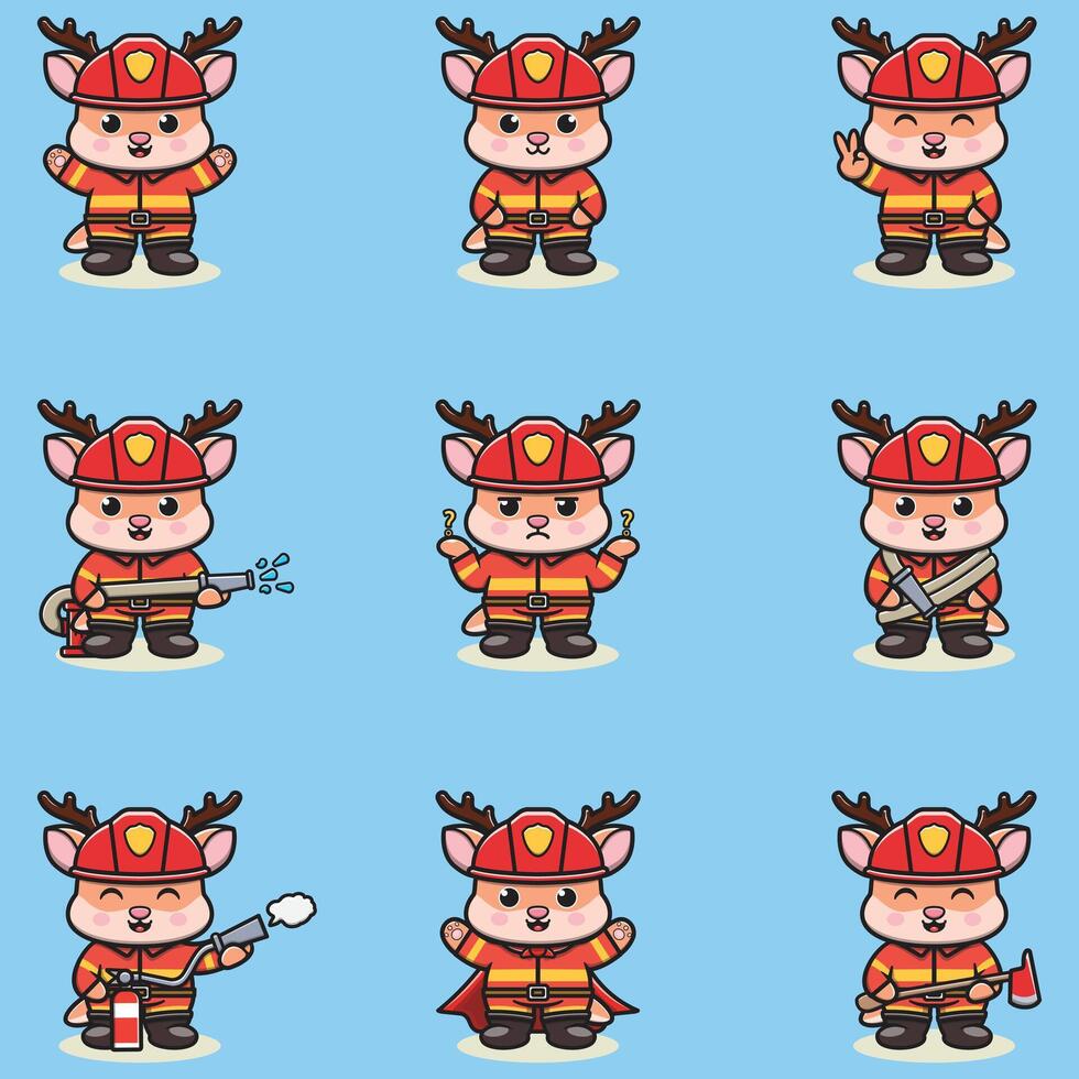 Illustration of Deer cartoon with Firefighter costume. Set of cute Deer characters. Collection of funny Deer isolated on a white background. vector