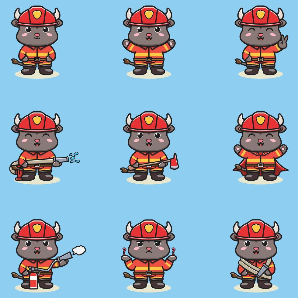 Illustration of Buffalo cartoon with Firefighter costume. Set of cute Buffalo characters. Collection of funny Buffalo isolated on a white background. vector