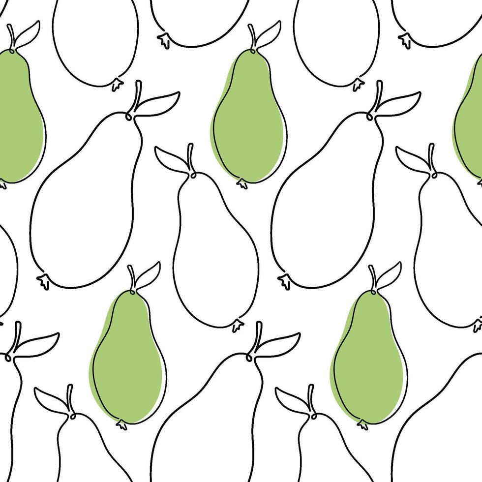 Minimalistic One-Line Pear Pattern with Green Accents on a White Background vector