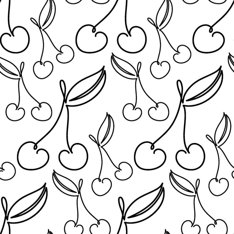 Seamless One Line Cherry Pattern with Leaves on White Background vector