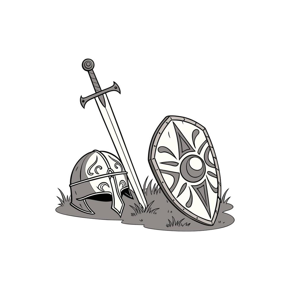 a helmet and shield with a sword vector
