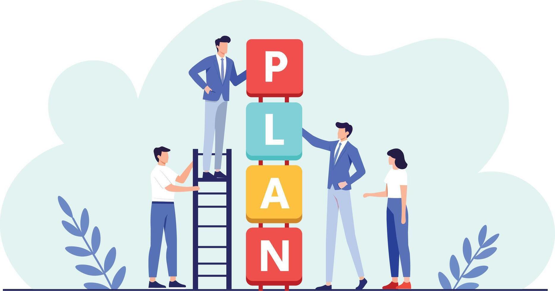 Teamwork and collaboration are essential as individuals build tower of colorful blocks spelling PLAN, symbolizing strategic planning and teamwork in creative environment vector