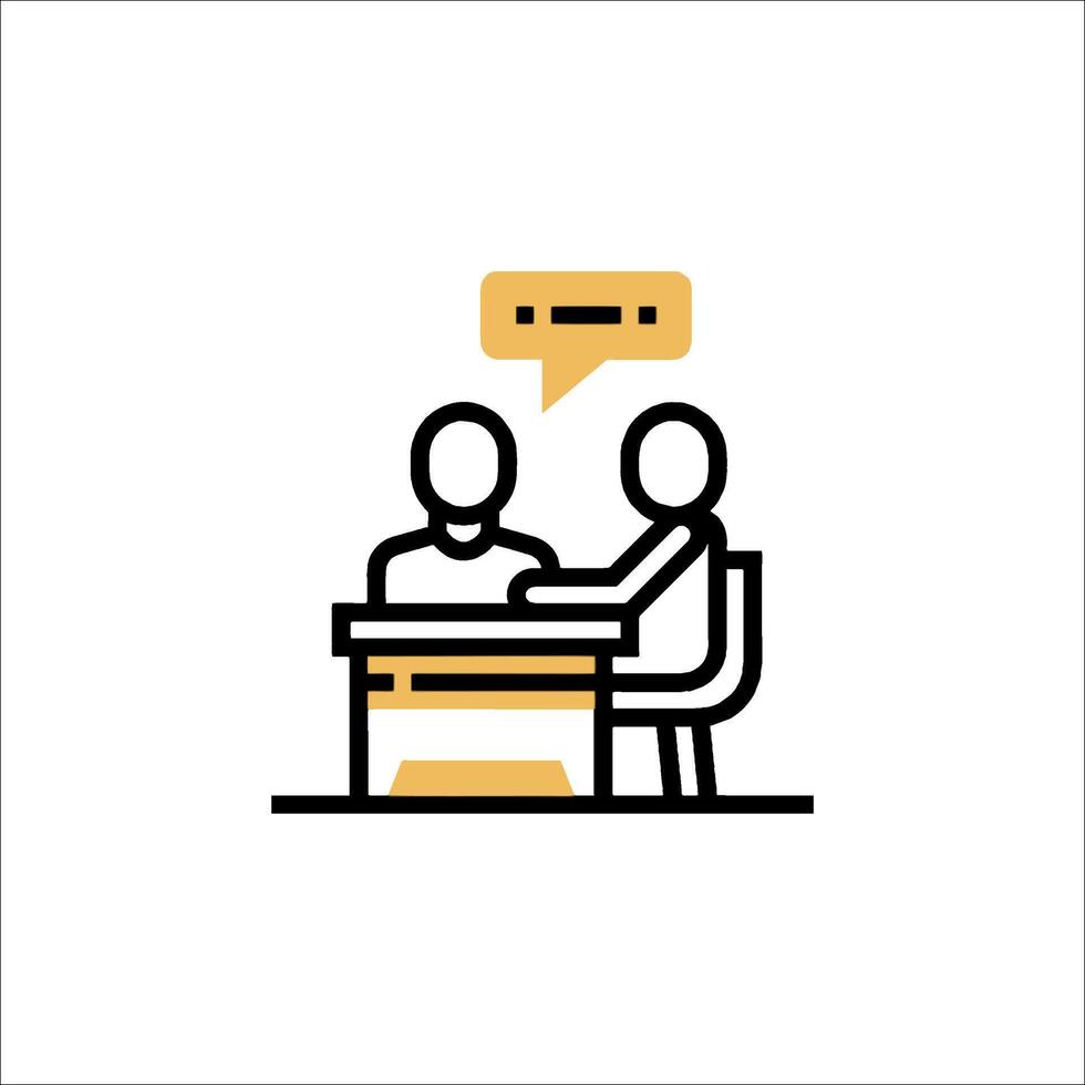 A man and woman sitting at a desk with a speech bubble vector