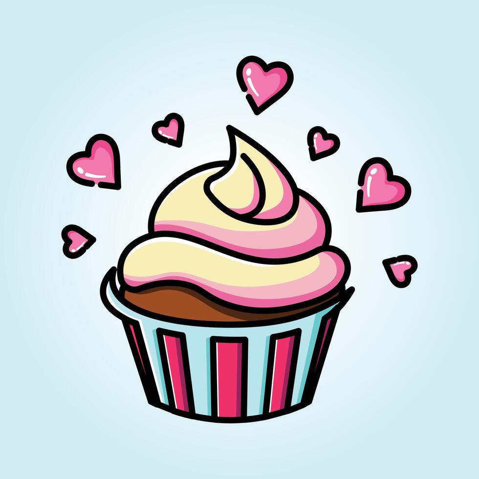 Sweet Valentine's Day Cupcake with Pink Frosting and Hearts vector