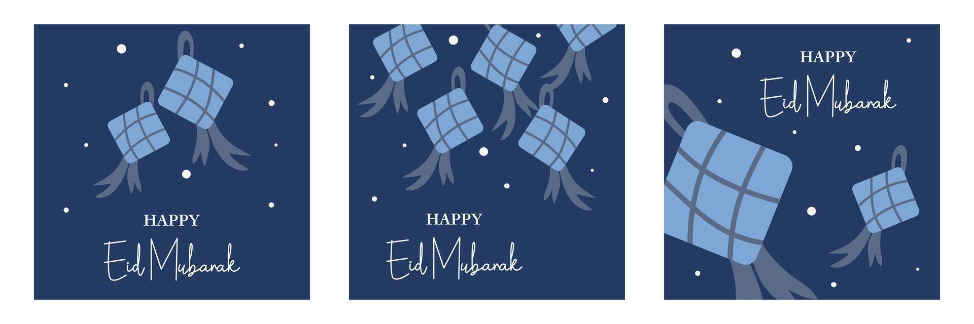 Happy Eid Mubarak and Ramadan Kareem greeting set with illustration on blue background for social media, card, poster and banner vector