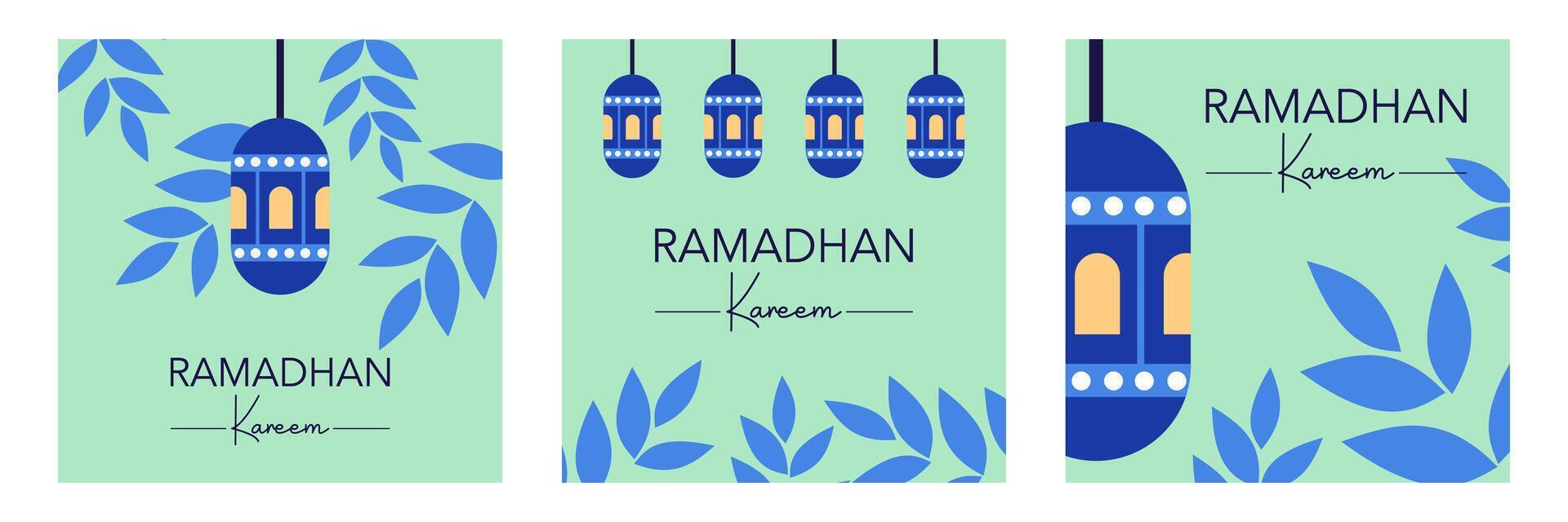 Happy Eid Mubarak and Ramadan Kareem greeting set with lanterns illustration on green background for social media, card, poster and banner vector