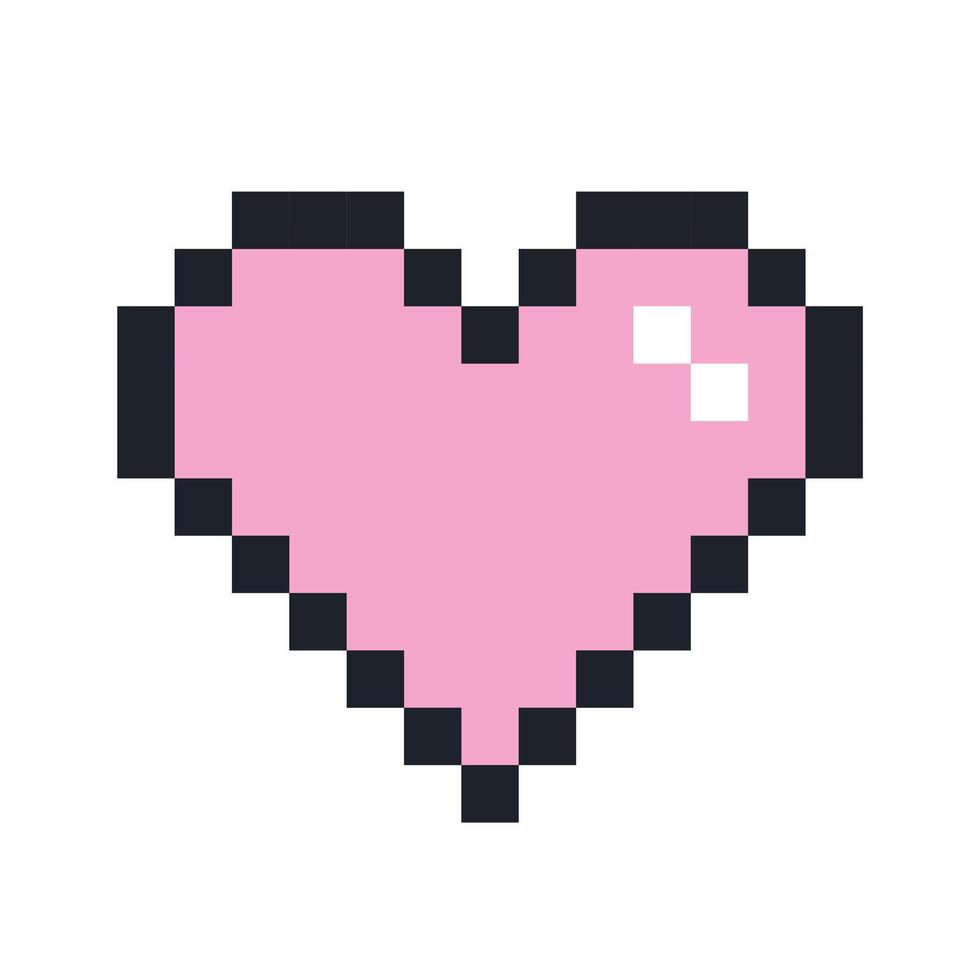 Pixel art pink heart icon with a retro aesthetic design on a black and transparent background vector