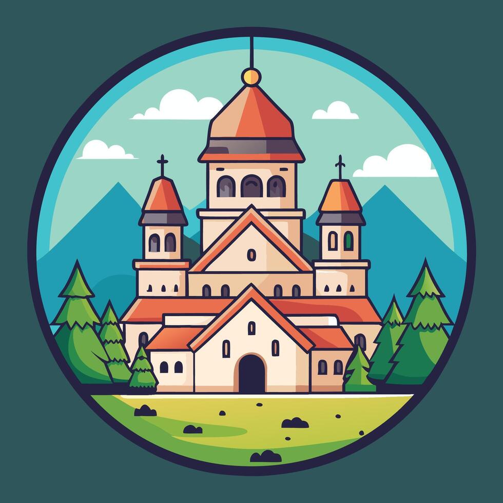 cute church in the mountains with trees and mountains vector