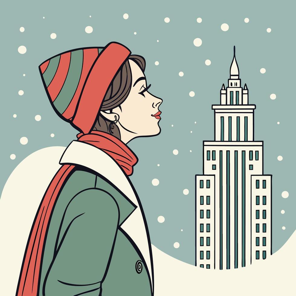 a girl walking in the city in winter. flat style. vector