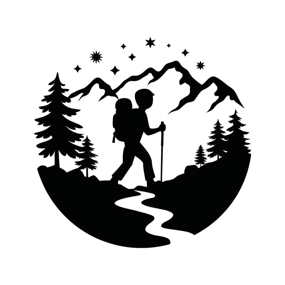 Silhouette of a hiker in a mountain landscape at night. vector