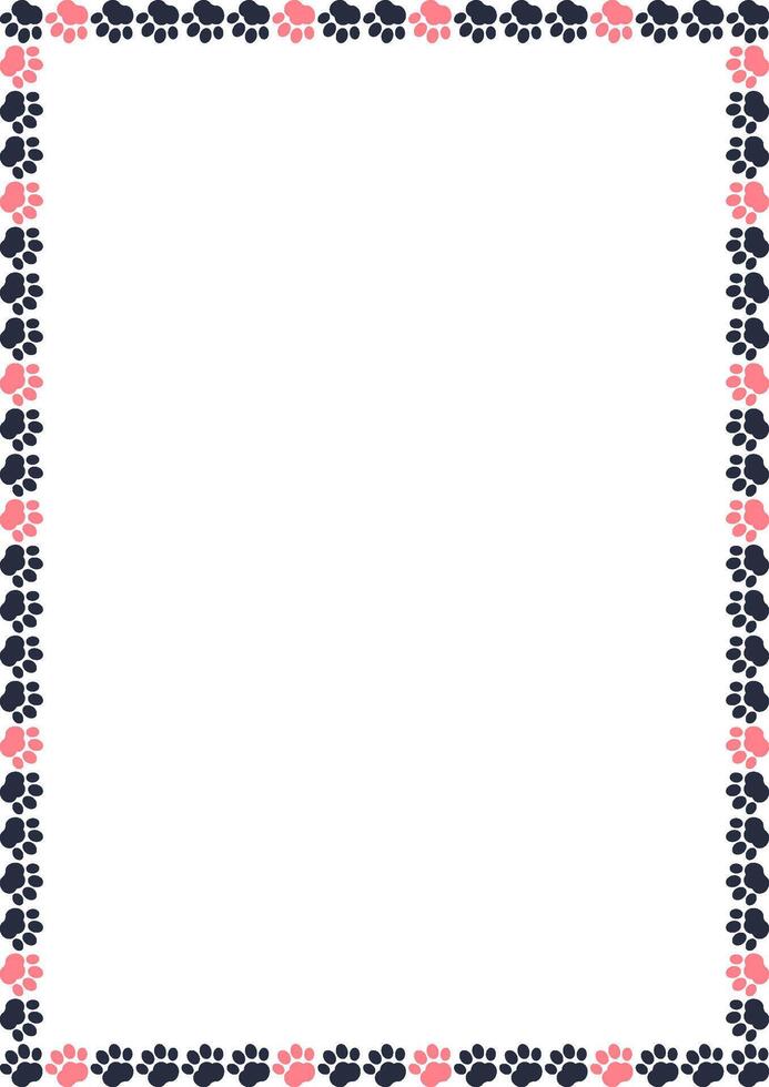 Pink animal paw prints on white background border. Cat pawprint vector