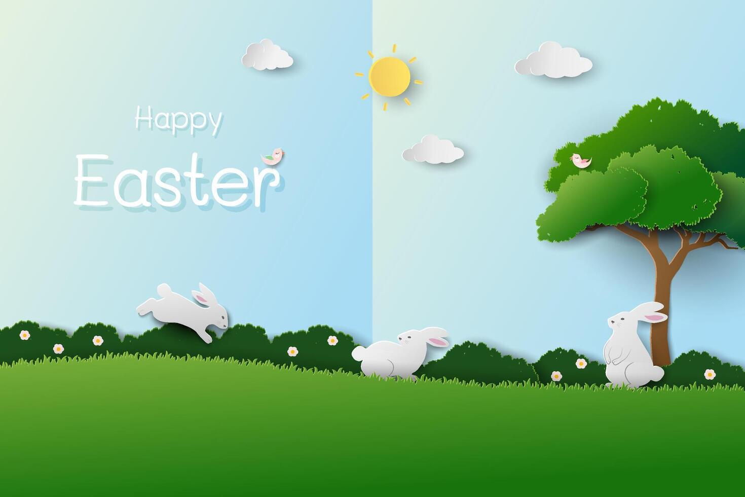 Happy Easter greeting card with rabbits family happy on spring garden vector
