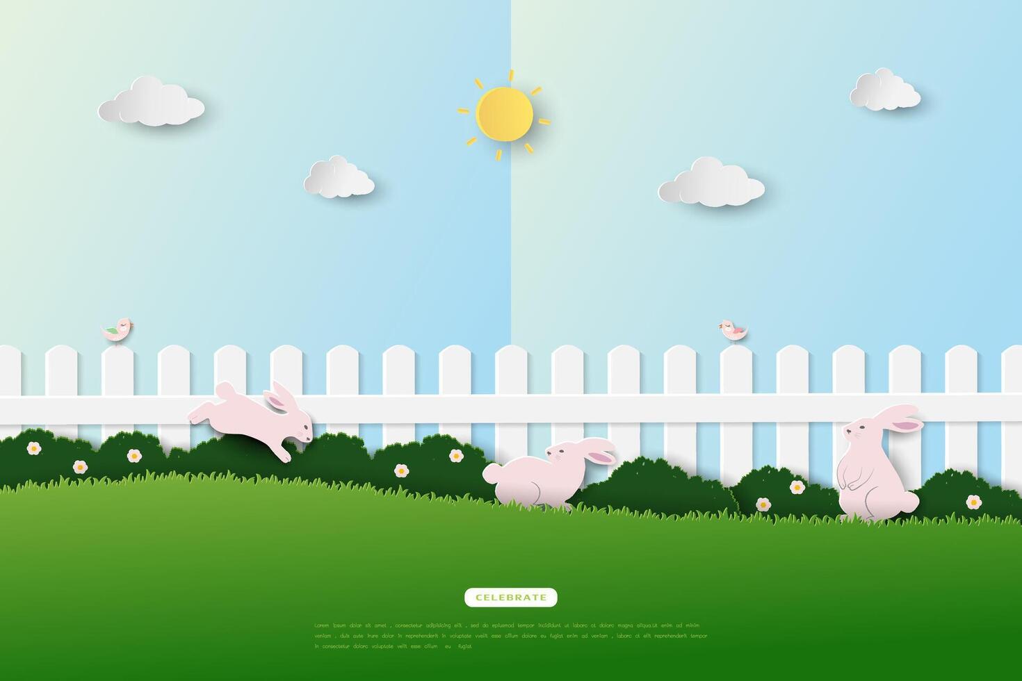 Happy Easter greeting card with cute rabbits happy on spring garden vector