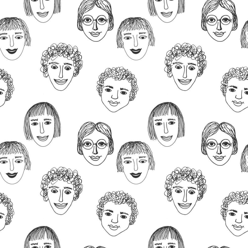 Seamless pattern with sketch of smiling young characters. Hand drawn repeating background with different kind portrait of happy people. Emotions face, lifestyle, society, friendship, race vector