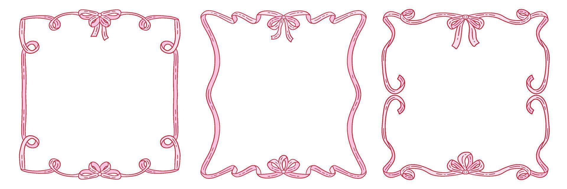 Coquettish elegant decorative frames set featuring a ribbon bow design with flowing hand drawn contours. flat illustration for invitations, cards, and artistic projects vector