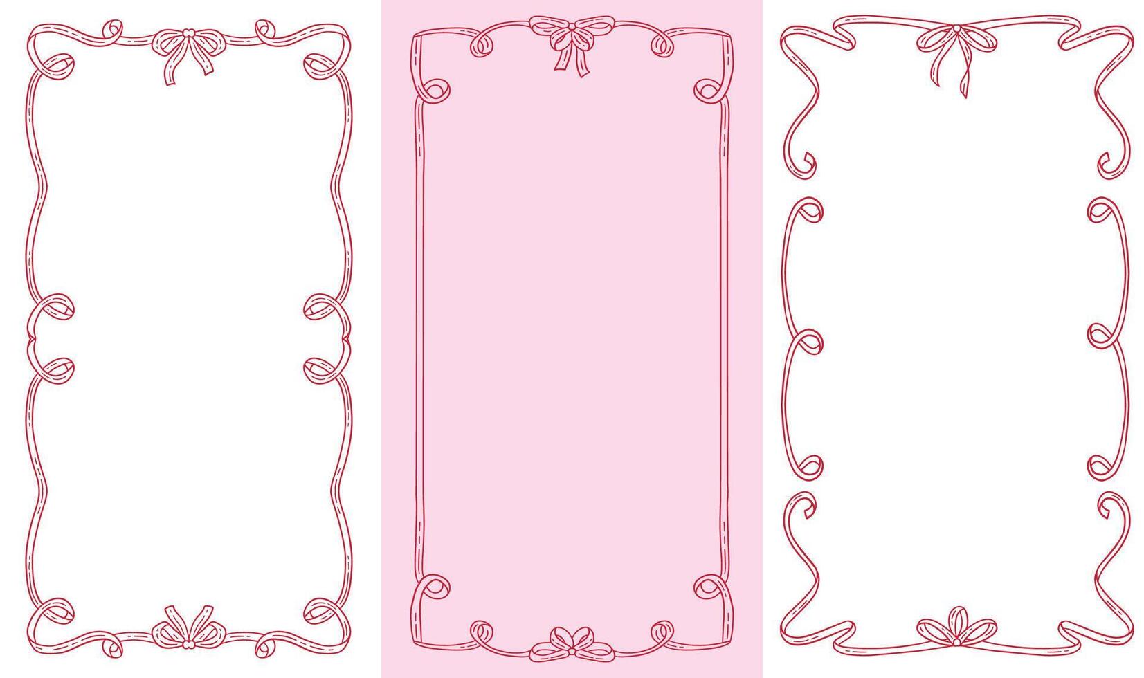 Coquettish elegant decorative vertical frames set featuring a ribbon bow design with flowing hand drawn contours. 16x9 borders for invitations, cards, and artistic projects vector