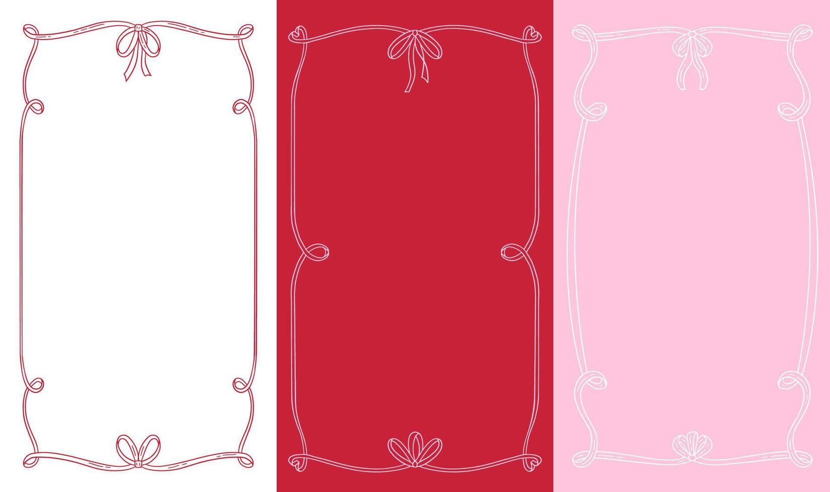 Vintage 9x16 frame set in hand drawn doodle style for Valentine s day greeting card, wedding, birthday, retro party invitation. Wavy frames with bow in elegant coquette style. illustration. vector