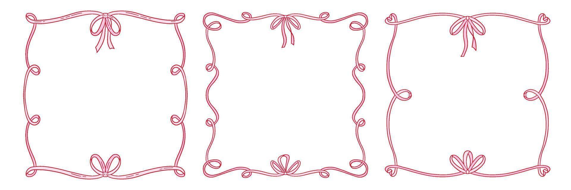Coquettish girly decorative frames set featuring a ribbon bow design with flowing hand drawn contours. flat illustration for invitations, cards, and artistic projects vector