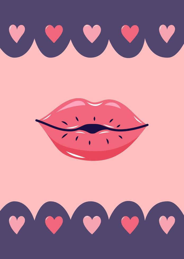Valentine's Day Card with Kissing lips and hearts. Simple cute greeting card. illustration. vector