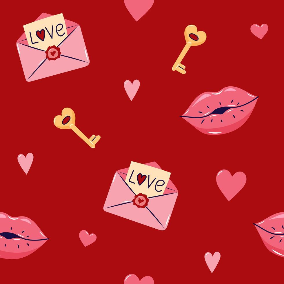Valentine's Day Seamless pattern with envelopes and Kissing lips. Cute background for textiles and packaging. illustration. vector