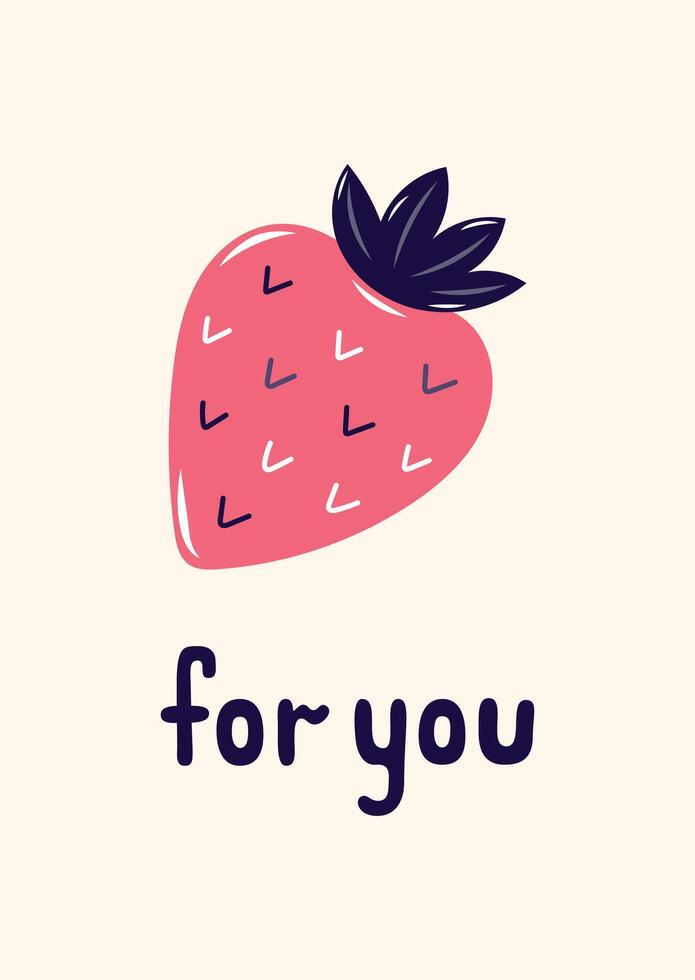 Valentine's Day Card with Pink strawberry and inscription for you. Simple cute greeting card on beige background. illustration. vector
