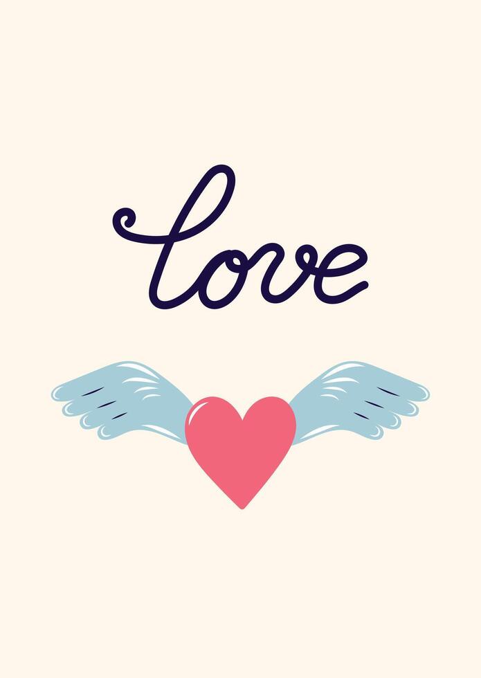 Valentine's Day Card with pink Heart and blue wings. Simple cute greeting card on beige background. illustration. vector