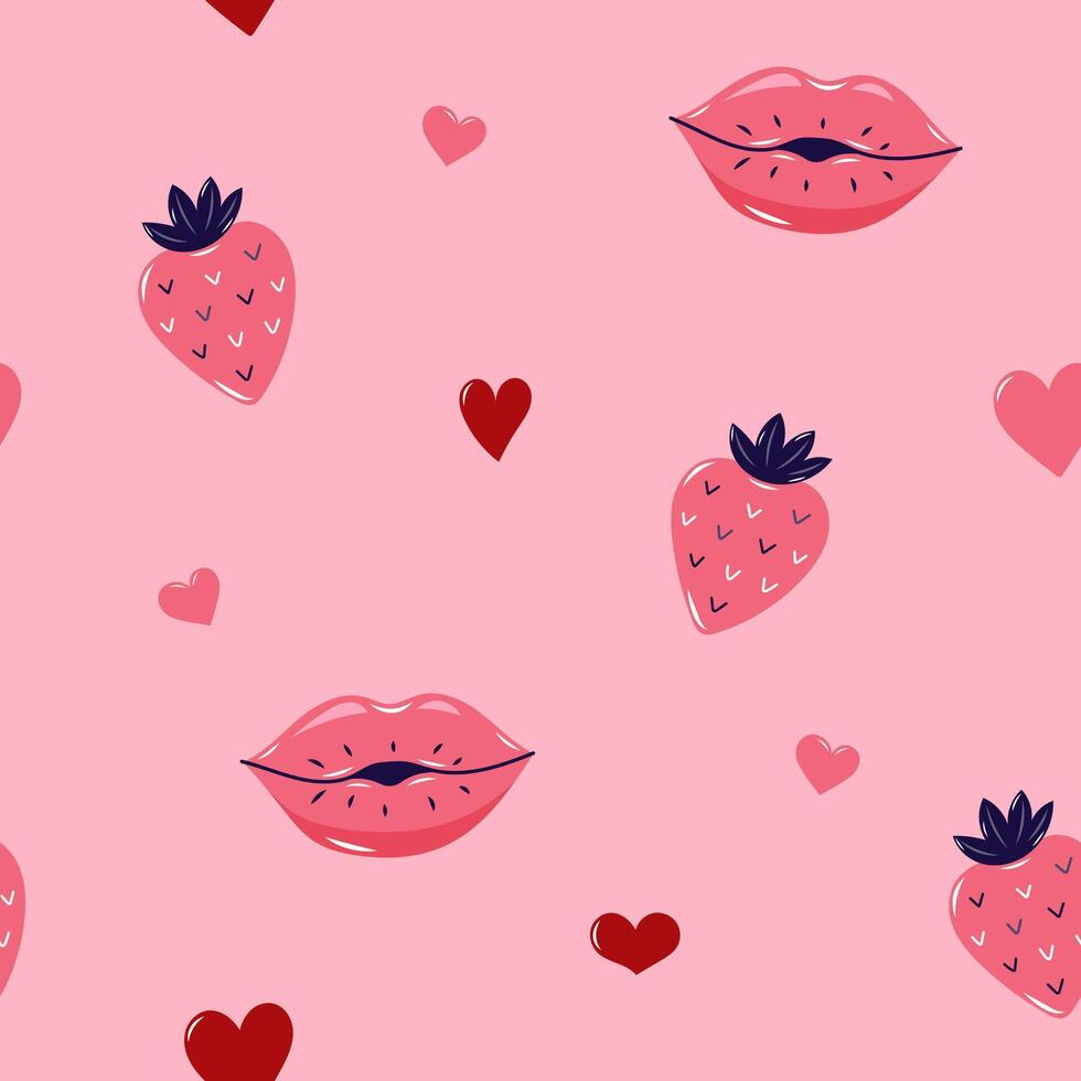 Valentine's Day Seamless pattern with strawberry and Kissing lips. Cute background for textiles and packaging. illustration. vector